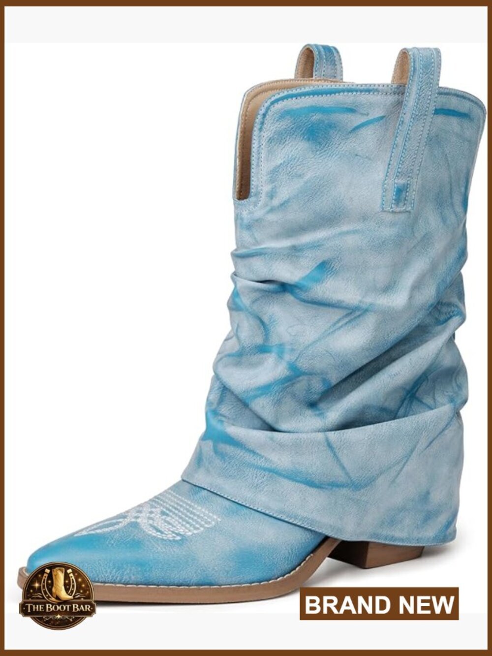 Slouchy Cowboy Boots for Women Pointed Toe Western Mid Calf Chunky Heel Fashion